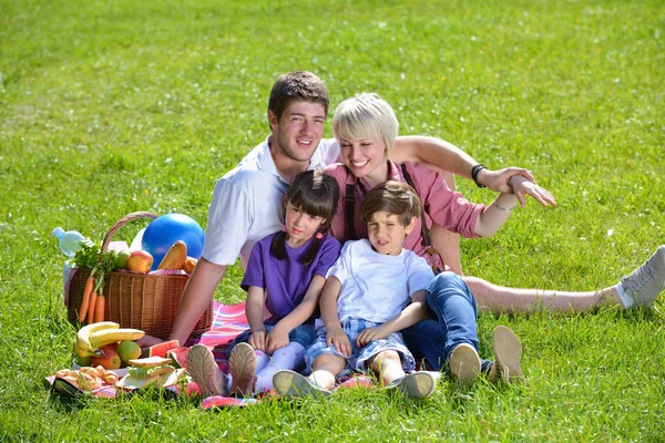 Šťastná rodina spolu hrají v přírodě piknik — Stock fotografie