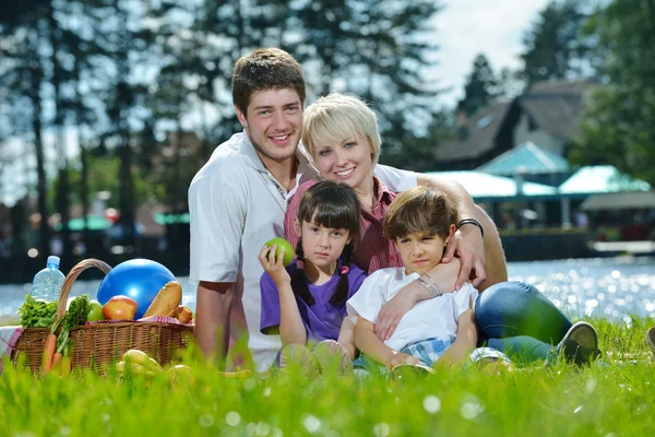 Lycklig familj spelar tillsammans i en picknick utomhus — Stockfoto