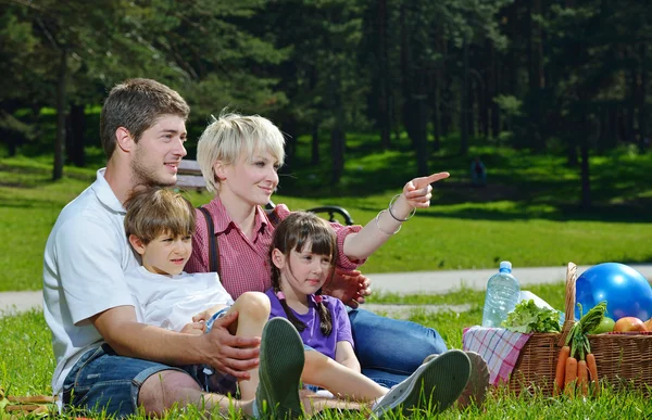 Glückliche Familie beim gemeinsamen Picknick im Freien — Stockfoto