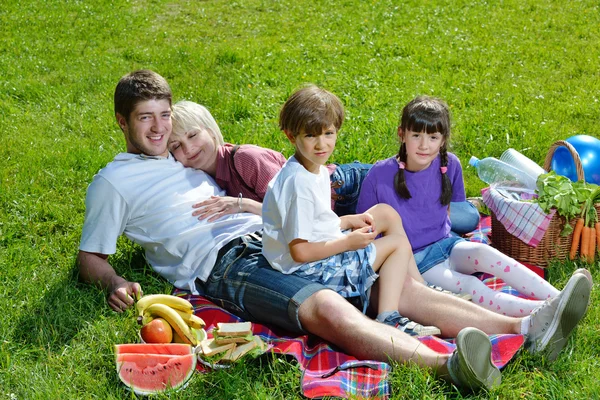 Счастливая семья играет вместе на пикнике на открытом воздухе — стоковое фото