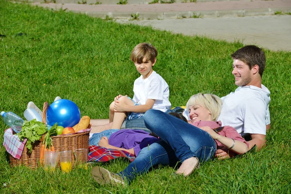 Ευτυχισμένη οικογένεια, παίζοντας σε μια υπαίθρια πικ-νικ — Φωτογραφία Αρχείου