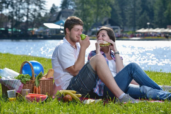 Boldog fiatal pár birtoklás egy piknik, kültéri — Stock Fotó