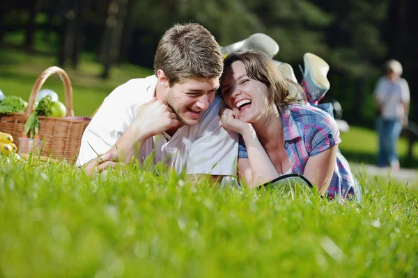 Gelukkig jong paar met een picknick outdoor — Stockfoto