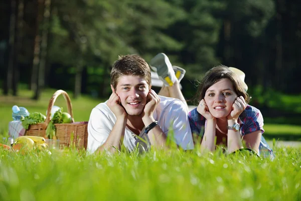 Lyckliga unga paret har picknick utomhus — Stockfoto