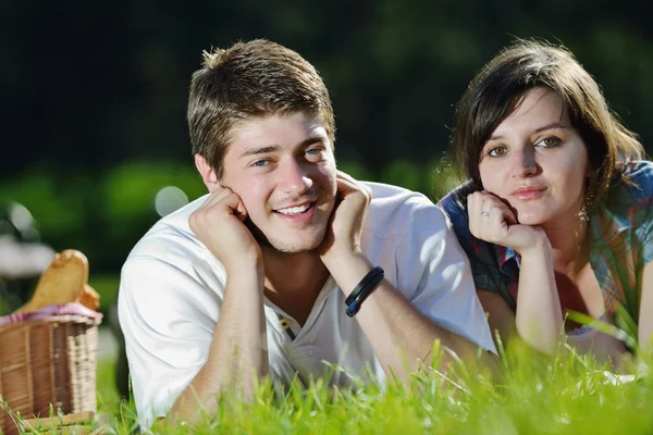 Happy young couple having a picnic outdoor — Stok fotoğraf