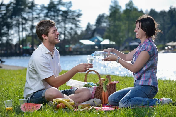 Šťastný mladý pár s venkovní piknik — Stock fotografie