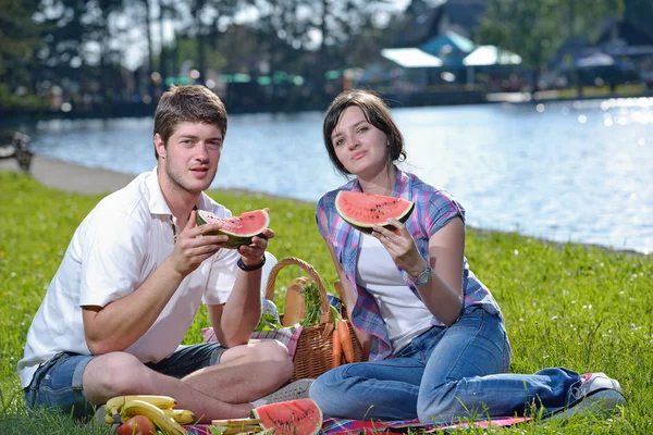 Щаслива молода пара має пікнік на відкритому повітрі — стокове фото