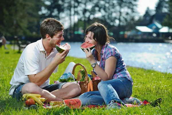 Happy young couple having a picnic outdoor