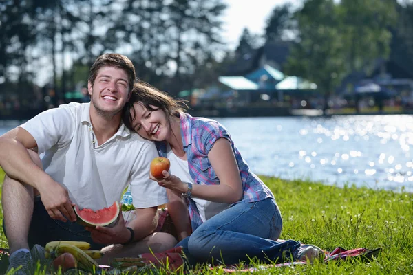 Glad unge par har en picnic udendørs - Stock-foto
