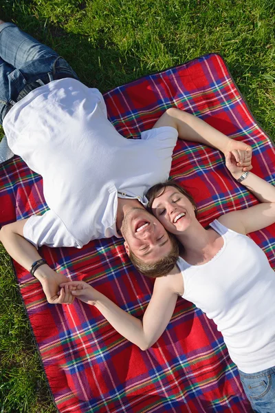 Pasangan muda yang bahagia sedang piknik di luar — Stok Foto
