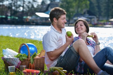 Happy young couple having a picnic outdoor