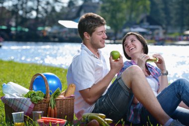 Happy young couple having a picnic outdoor