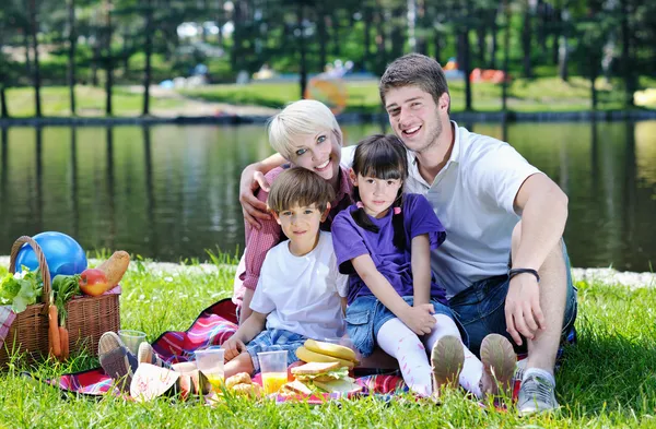 Familia feliz jugando juntos en un picnic al aire libre —  Fotos de Stock