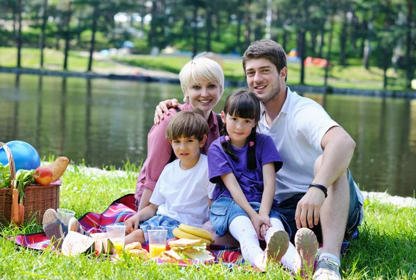 Gelukkige familie samenspelen in een picknick in de buitenlucht — Stockfoto