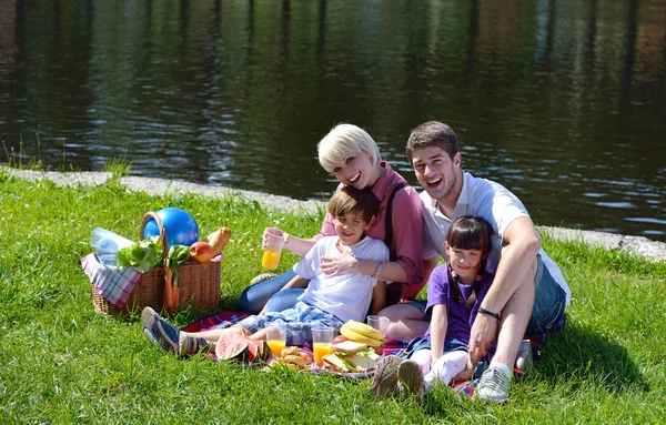 Glückliche Familie beim gemeinsamen Picknick im Freien — Stockfoto