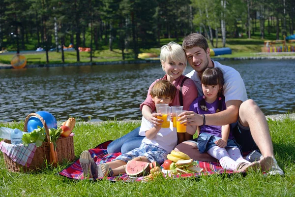 Família feliz brincando juntos em um piquenique ao ar livre — Fotografia de Stock