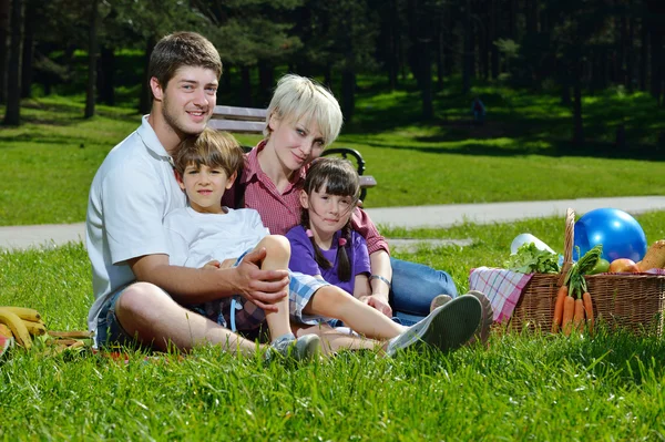 Gelukkige familie samenspelen in een picknick in de buitenlucht — Stockfoto