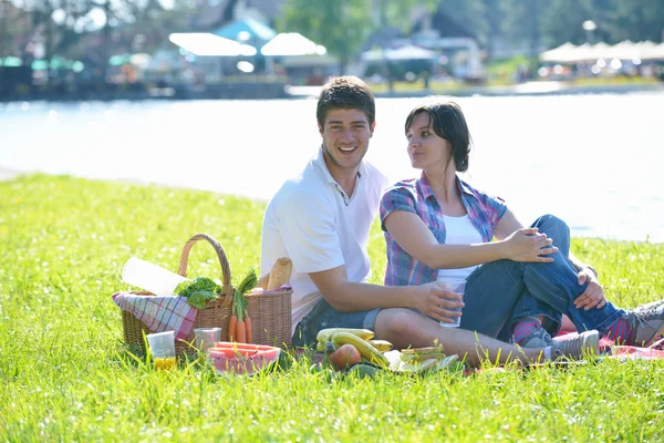 Boldog fiatal pár birtoklás egy piknik, kültéri — Stock Fotó