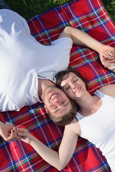 Happy cuplu tineri având un picnic în aer liber — Fotografie, imagine de stoc
