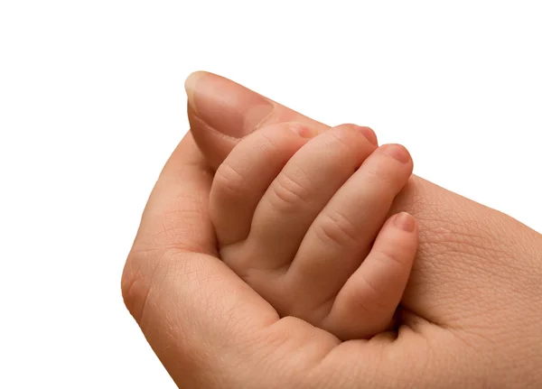 Braço do bebê na mão mãe no branco — Fotografia de Stock