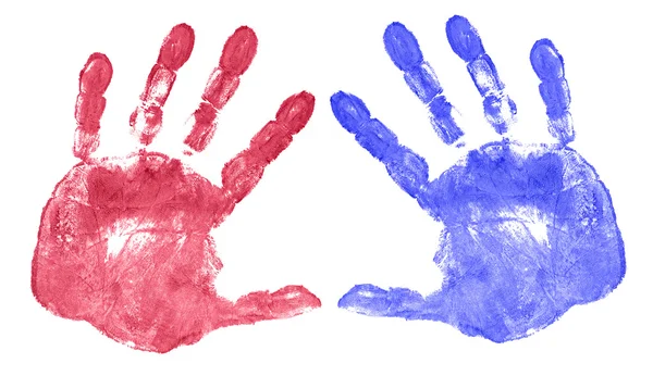Красные и синие отпечатки рук, выделенные на белом — стоковое фото