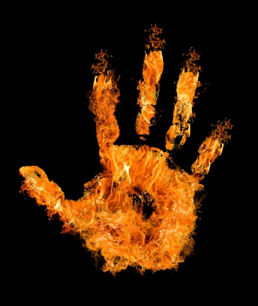 Menschenhand in orangefarbener Flamme auf schwarz — Stockfoto