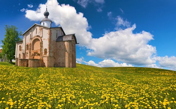 Старая кирпичная церковь на одуванчике — стоковое фото