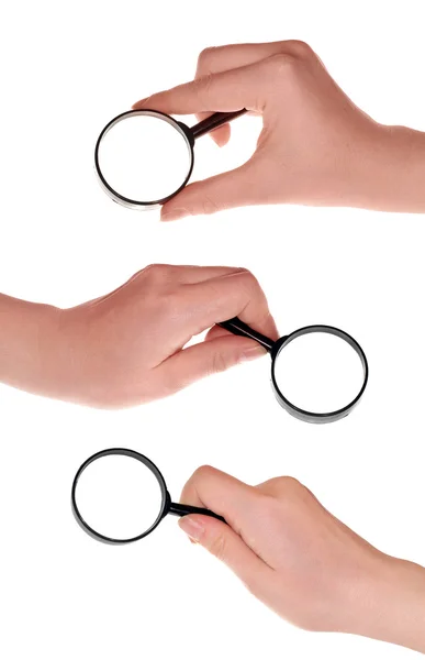 Három kéz, a fekete magnifyinges — Stock Fotó