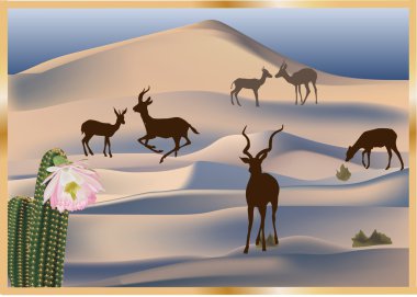 cactus and antelopes in sand desert clipart