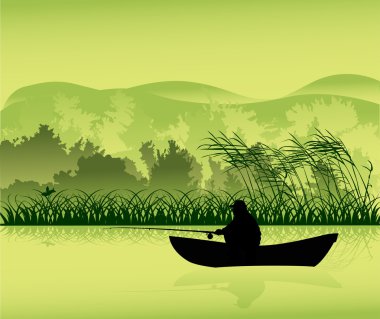 fisherman in boat silhouette on forest lake clipart