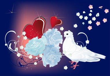 Güvercin, çiçekler ve kırmızı Kalpler