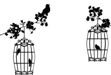 tree branches and birds in cages on white clipart