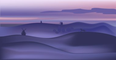 lilac landscape with hills and windmills