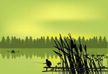 fisherman near green forest lake clipart