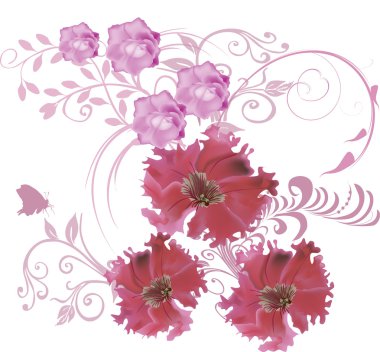 three big pink flowers and small butterfly clipart