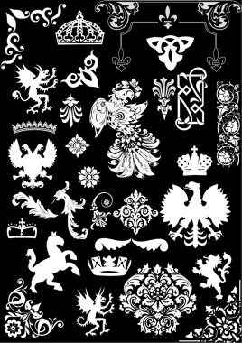 Set of heraldic animals and ornaments on black clipart