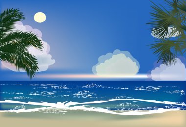 Deniz plaj ve palmiye ağaçları illüstrasyon