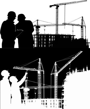 black and white compositions with wokers near buildings clipart