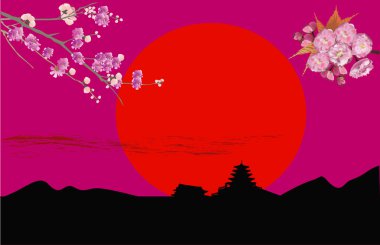 pagode en bloemen bij Rode zonsondergang