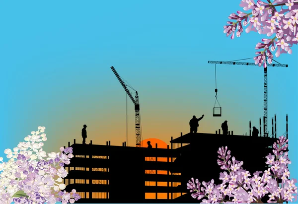 Bâtiment de maison en lilas fleurs cadre — Image vectorielle