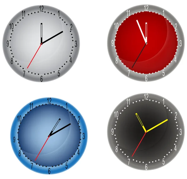 Four color clocks isolated on white — Stock Vector