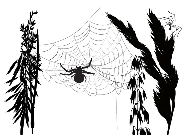 Tela de araña en hierba negra en blanco — Vector de stock