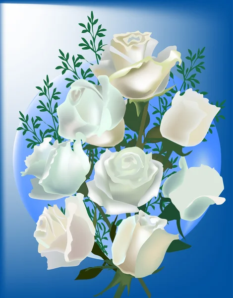 Ocho rosas blancas sobre azul — Vector de stock