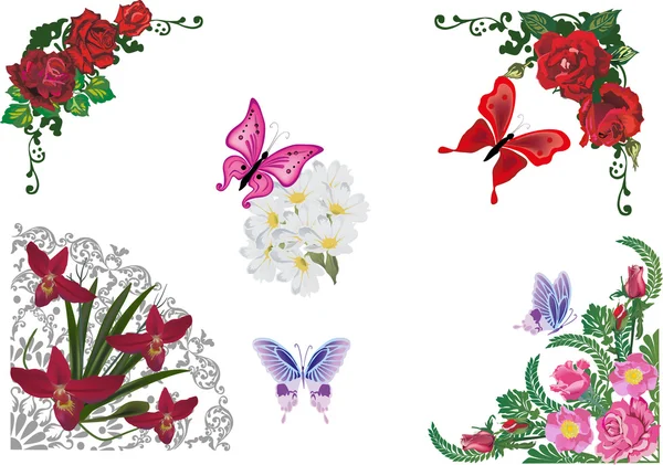 Red flower corners and butterflies — Stock Vector