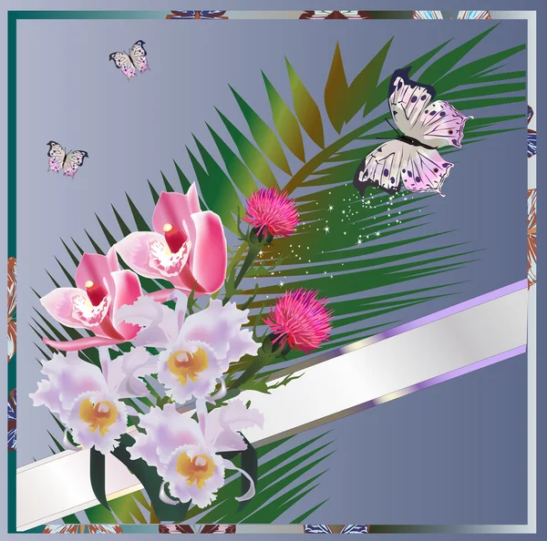 Fliederfarbene und rosa Orchideenblütendekoration — Stockvektor
