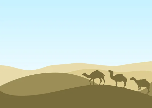 Caravana de camellos en el desierto de arena — Vector de stock