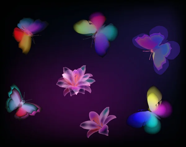 Mariposas y flores pintadas sobre fondo oscuro — Archivo Imágenes Vectoriales