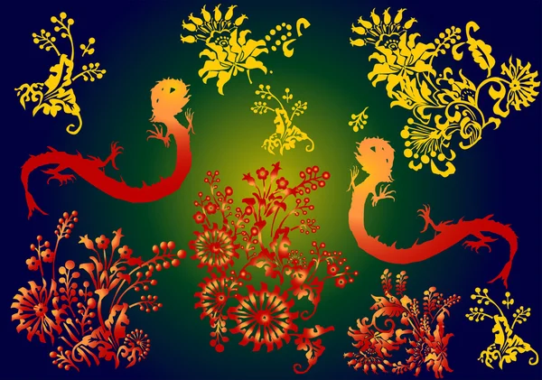 Follaje y dragones ilustración — Vector de stock
