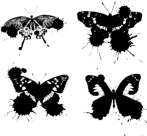 しみを持つ 4 つの黒い蝶 — ストックベクタ