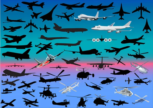 Flugzeuge und Hubschrauber am blauen Himmel — Stockvektor